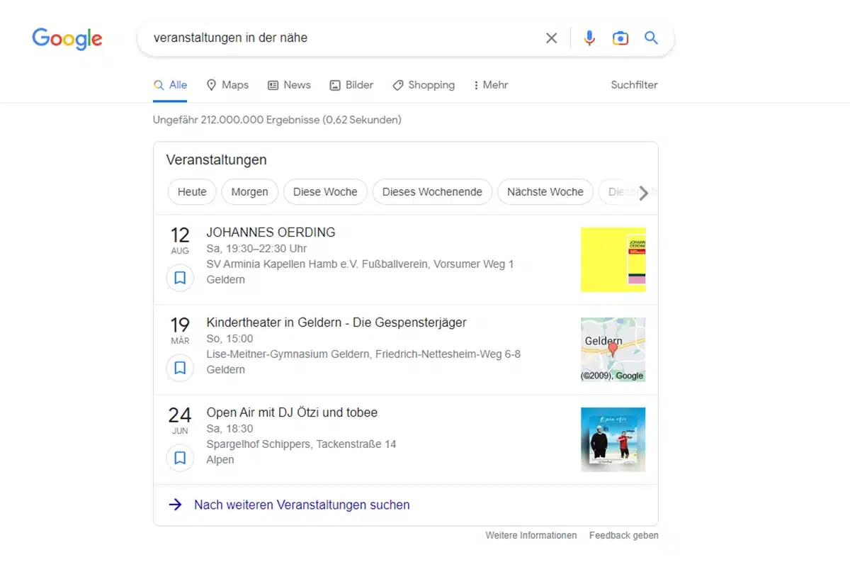 Ein Ausschnitt aus der Google Suche mit dem Suchbegriff "Veranstaltungen in der Nähe" bei dem ein Veranstaltungskalender angezeigt wird, der über das Event-Schema der strukturierten Daten implementiert wurde.