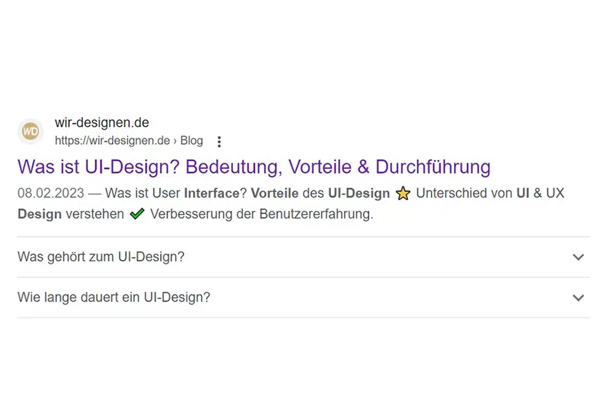 Beispiel für ein FAQ-Snippet (Rich-Snippet) in Form eines Suchergebnisses von wir-designen.de