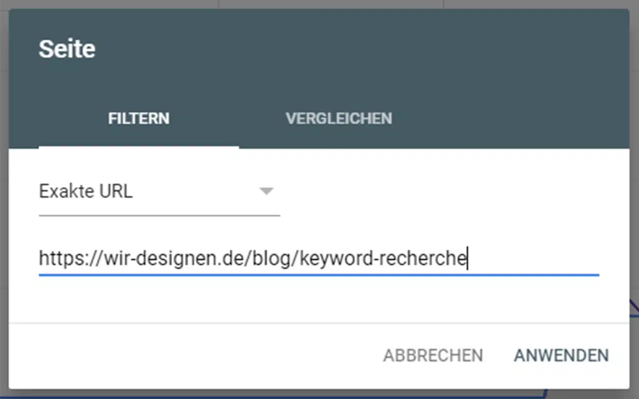 Ein Google Search Console Auszug, bei dem auf die Seite "https://wir-designen.de/blog/keyword-recherche" gefiltert wird.